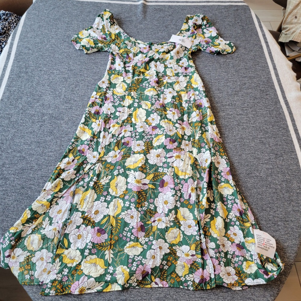 ASOS DESIGN Midi Dress Women 8 Green New Floral Puff Sleeve Tea Dress Slits